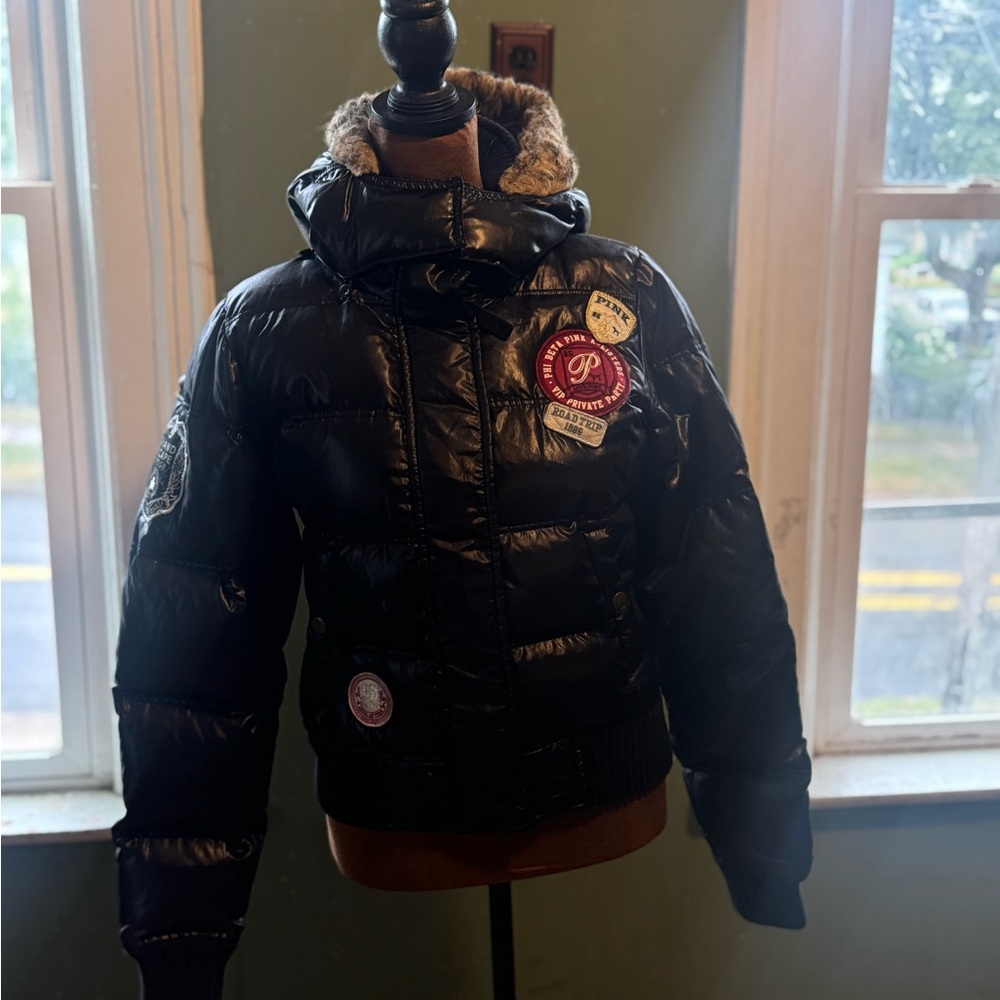 PINK Victoria's Secret Black Puffer Jacket with Fur Trim